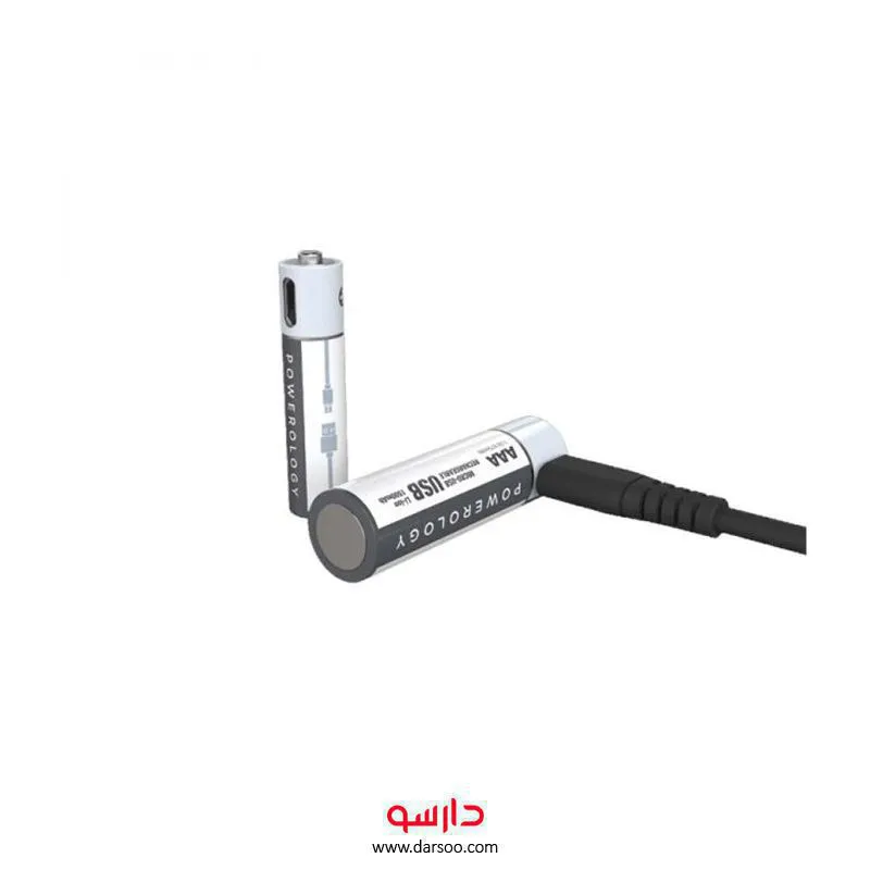 خرید پک 4 تایی باتری نیم قلم پاورولوجی مدل USB Rechargeable Battery-AAA